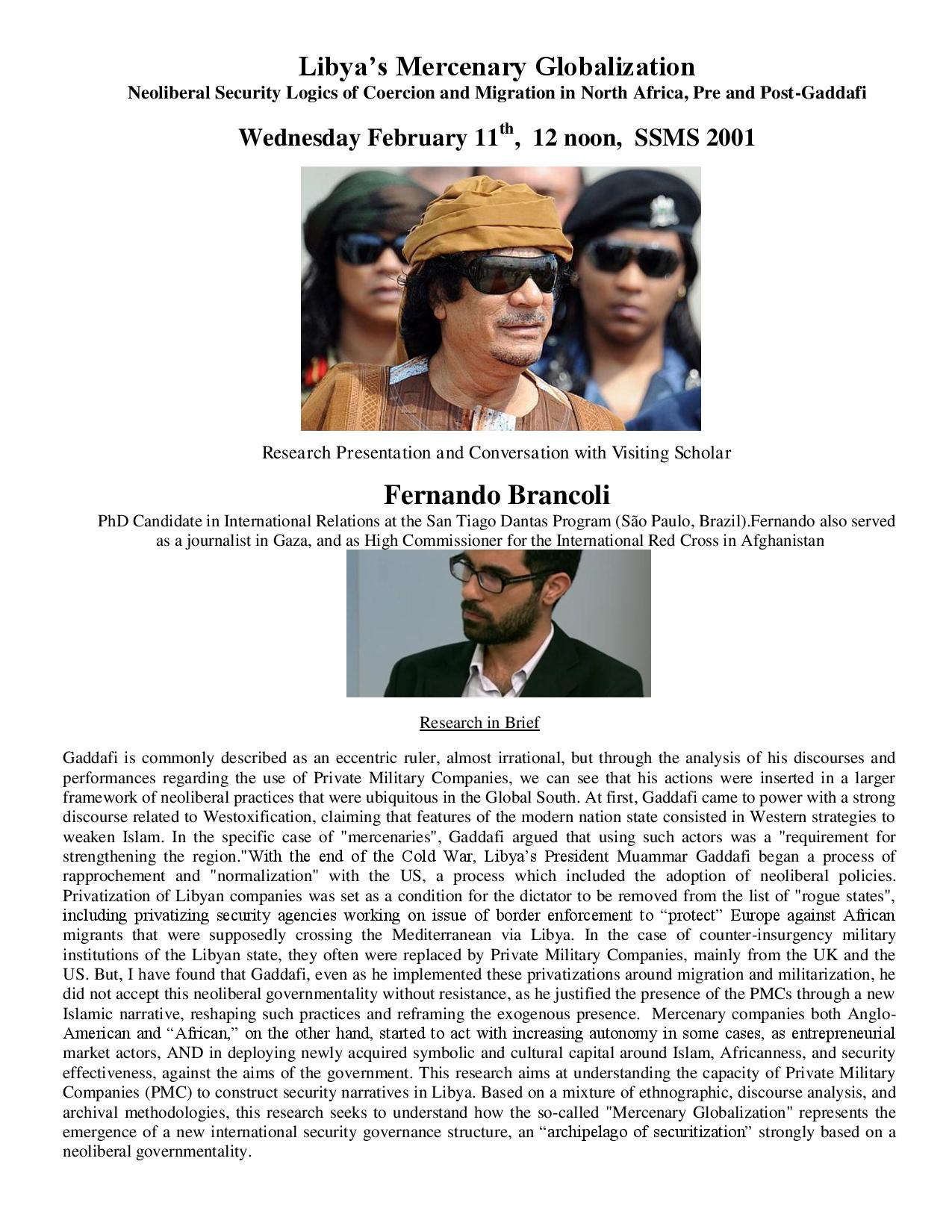 Presentation and conversation with visiting scholar Fernando Brancoli : Libya's Mercenary Globalization Event Image