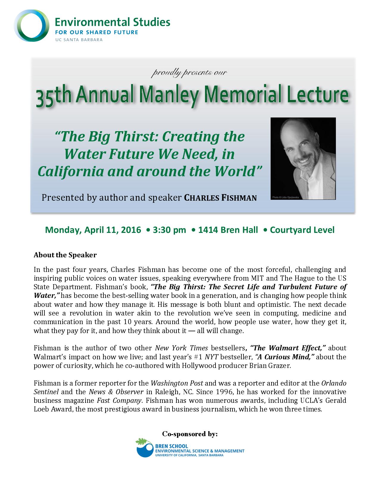 35th Annual Manley Memorial Lecture: The Big Thirst: Creating The Future We Need, in California and around the World Event Image