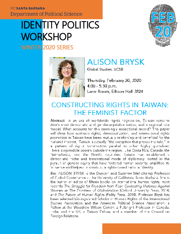 Mellichamp Professor Alison Brysk speaks on "Constructing Rights in Taiwan: The Feminist Factor" on February 20th article image